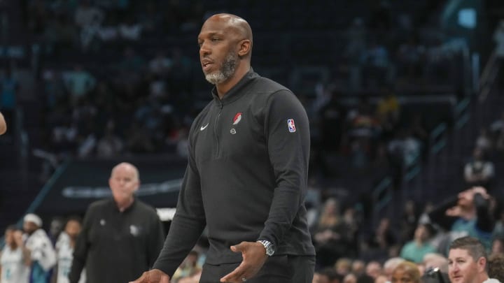 Apr 3, 2024; Charlotte, North Carolina, USA; Portland Trail Blazers head coach Chauncey Billups during the second half against the Charlotte Hornets at Spectrum Center. Mandatory Credit: Jim Dedmon-USA TODAY Sports