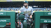 Sep 20, 2025; Pittsburgh, Pennsylvania, USA; Athletics catcher Shea Langeliers (23) heads to the dugout to warm up against the the Pittsburgh Pirates at PNC Park. Mandatory Credit: Charles LeClaire-Imagn Images