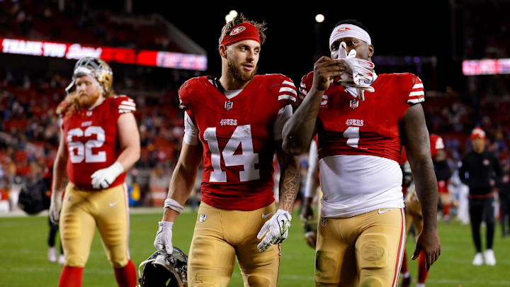 Dec 30, 2024; Santa Clara, California, USA; San Francisco 49ers wide receiver Ricky Pearsall (14) during the game against the Detroit Lions at Levi's Stadium. Mandatory Credit: Sergio Estrada-Imagn Images