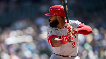 Jul 24, 2024; Seattle, Washington, USA;  Los Angeles Angels third baseman Luis Rengifo (2) waits for a pitch during an at-bat against the Seattle Mariners at T-Mobile Park. Mandatory Credit: Stephen Brashear-Imagn Images