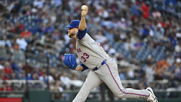 Apr 26, 2025; Washington, District of Columbia, USA; New York Mets pitcher A.J. Minter (33) throws to the Washington Nationals during the eighth inning at Nationals Park. Mandatory Credit: Brad Mills-Imagn Images
