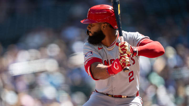 Jul 24, 2024; Seattle, Washington, USA;  Los Angeles Angels third baseman Luis Rengifo (2) waits for a pitch during an at-bat against the Seattle Mariners at T-Mobile Park. Mandatory Credit: Stephen Brashear-USA TODAY Sports