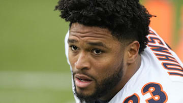 Jan 7, 2024; Green Bay, Wisconsin, USA;  Chicago Bears running back Roschon Johnson (23) during warmups prior to the game against the Green Bay Packers at Lambeau Field. Mandatory Credit: Jeff Hanisch-Imagn Images