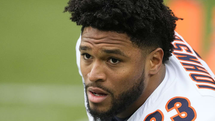 Jan 7, 2024; Green Bay, Wisconsin, USA;  Chicago Bears running back Roschon Johnson (23) during warmups prior to the game against the Green Bay Packers at Lambeau Field. Mandatory Credit: Jeff Hanisch-Imagn Images