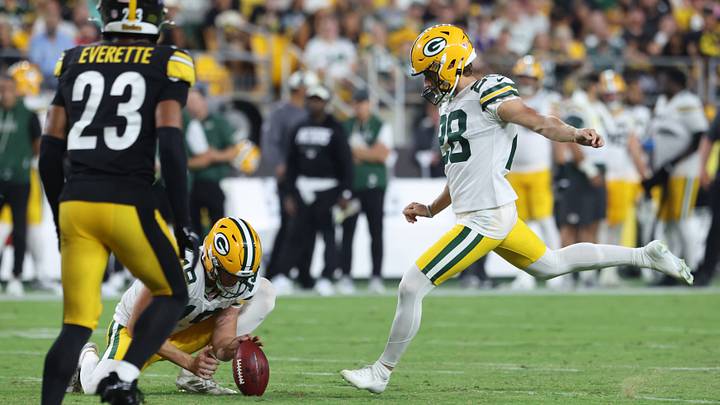 Aug 13, 2026; Pittsburgh, Pennsylvania, USA;  Green Bay Packers place kicker Trey Smack (28) kicks a field goal against the Pittsburgh Steelers during the third quarter at Acrisure Stadium. Mandatory Credit: Charles LeClaire-Imagn Images