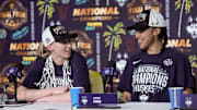 Connecticut Huskies guard Paige Bueckers and guard Azzi Fudd speak to the media after winning the national championship against the South Carolina Gamecocks.