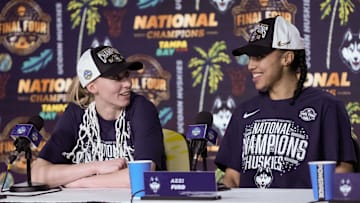 Connecticut Huskies guard Paige Bueckers and guard Azzi Fudd speak to the media after winning the national championship against the South Carolina Gamecocks.