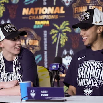 Connecticut Huskies guard Paige Bueckers and guard Azzi Fudd speak to the media after winning the national championship against the South Carolina Gamecocks.
