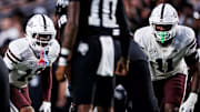 Mississippi State Safety Jahron Manning (#13) and Mississippi State Linebacker Tyler Lockhart (#11) during the game between the Texas A&M Aggies and the Mississippi State Bulldogs at Kyle Field in College Station, TX.