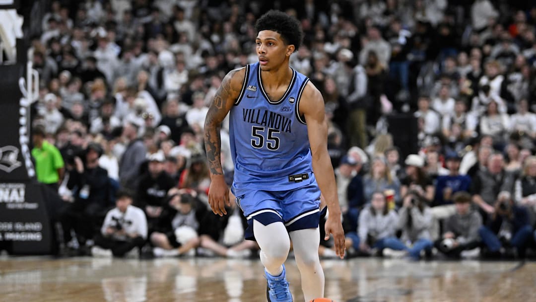 Jan 13, 2026; Providence, Rhode Island, USA; Villanova Wildcats guard Acaden Lewis (55) dribbles the ball during the second half against the Villanova Wildcat sat Amica Mutual Pavilion.