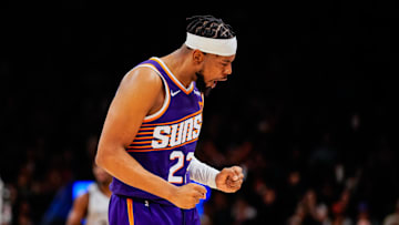 Phoenix Suns guard Jordan Goodwin (23) reacts to a score in the second half of the game at Mortgage Match Up Center. Mandatory Credit: Arianna Grainey-Imagn Images