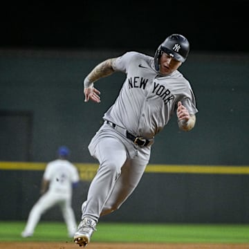 New York Yankees left fielder Alex Verdugo (24) in action during the game between the Texas Rangers and the New York Yankees at Globe Life Field on Sept 2.