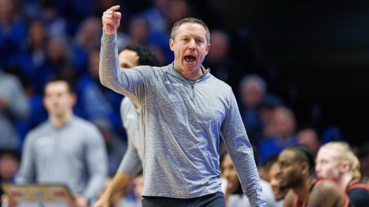 Jan 20, 2024; Lexington, Kentucky, USA; Georgia Bulldogs head coach Mike White reacts to a foul call during the second half against the Kentucky Wildcats at Rupp Arena at Central Bank Center. Mandatory Credit: Jordan Prather-Imagn Images