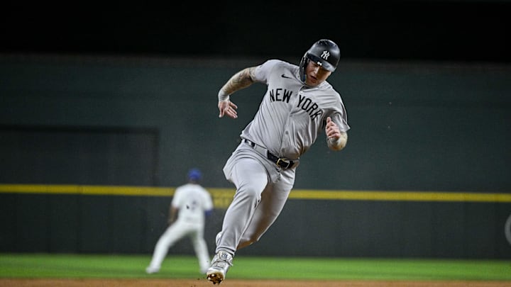 New York Yankees left fielder Alex Verdugo (24) in action during the game between the Texas Rangers and the New York Yankees at Globe Life Field on Sept 2.