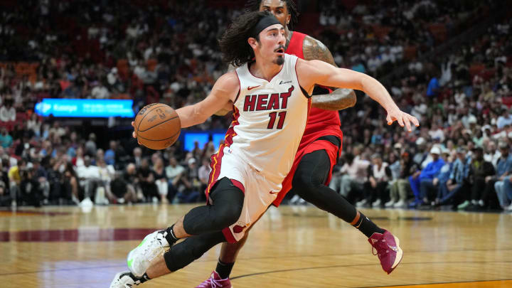 Apr 12, 2024; Miami, Florida, USA;  Miami Heat guard Jaime Jaquez Jr. (11) drives to the basket; Credit: Jim Rassol-USA TODAY Sports