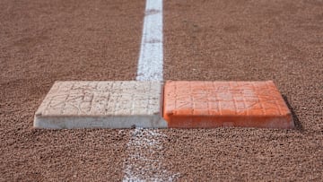 Mar 1, 2025; Stanford, CA, USA; A double base sits on the field before the game between the Stanford Cardinal and the Xavier Musketeers at Sunken Diamond. Mandatory Credit: Darren Yamashita-Imagn Images