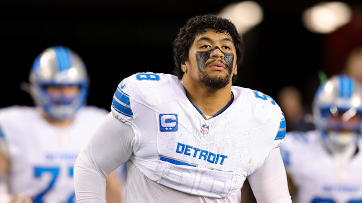 Dec 30, 2024; Santa Clara, California, USA; Detroit Lions offensive tackle Penei Sewell (58) during the game against the San Francisco 49ers at Levi's Stadium. Mandatory Credit: Sergio Estrada-Imagn Images