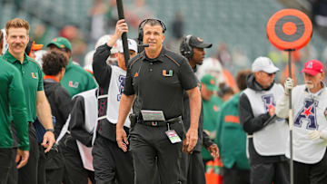Sep 23, 2023; Philadelphia, Pennsylvania, USA;  Miami Hurricanes head coach Mario Cristobal looks on during the first quarter against the Temple Owls at Lincoln Financial Field. Mandatory Credit: Andy Lewis-USA TODAY Sports