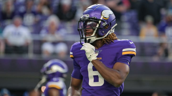 Aug 20, 2022; Minneapolis, Minnesota, USA; Minnesota Vikings safety Lewis Cine (6) warms up before the game against the San Francisco 49ers at U.S. Bank Stadium. Mandatory Credit: Jeffrey Becker-USA TODAY Sports