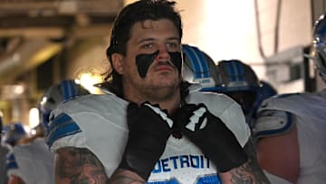 Nov 16, 2025; Philadelphia, Pennsylvania, USA; Detroit Lions guard Tate Ratledge (69) waits in the tunnel against the Philadelphia Eagles at Lincoln Financial Field. 