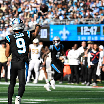 Nov 9, 2025; Charlotte, North Carolina, USA; Carolina Panthers quarterback Bryce Young (9) throws a pass during the third quarter against the New Orleans Saints at Bank of America Stadium. Mandatory Credit: Bob Donnan-Imagn Images