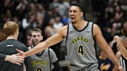 Purdue Boilermakers forward Trey Kaufman-Renn (4) celebrates during a timeout