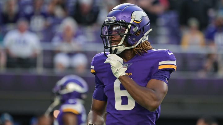 Aug 20, 2022; Minneapolis, Minnesota, USA; Minnesota Vikings safety Lewis Cine (6) warms up before the game against the San Francisco 49ers at U.S. Bank Stadium.