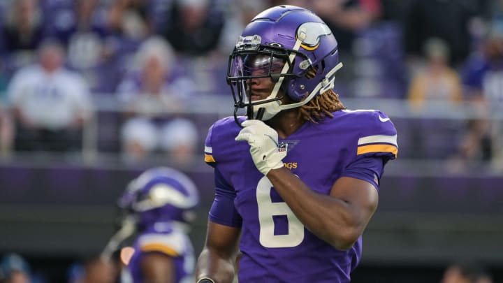 Aug 20, 2022; Minneapolis, Minnesota, USA; Minnesota Vikings safety Lewis Cine (6) warms up before the game against the San Francisco 49ers at U.S. Bank Stadium. Mandatory Credit: Jeffrey Becker-USA TODAY Sports