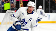 Mar 5, 2025; Las Vegas, Nevada, USA; Toronto Maple Leafs center John Tavares (91) warms up before a game against the Vegas Golden Knights at T-Mobile Arena. Mandatory Credit: Stephen R. Sylvanie-Imagn Images