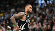 Apr 27, 2025; Milwaukee, Wisconsin, USA; Milwaukee Bucks guard Damian Lillard (0) looks on in the first quarter during game four against the Indiana Pacers of first round for the 2024 NBA Playoffs at Fiserv Forum. Lillard left the game early in the in the first quarter with an injury. Mandatory Credit: Benny Sieu-Imagn Images