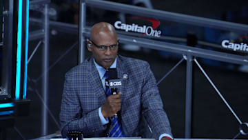 Apr 5, 2021; Indianapolis, IN, USA; CBS announcer Clark Kellogg prior to the national championship game in the Final Four of the 2021 NCAA Tournament between the Gonzaga Bulldogs and the Baylor Bears at Lucas Oil Stadium. Mandatory Credit: Kyle Terada-Imagn Images