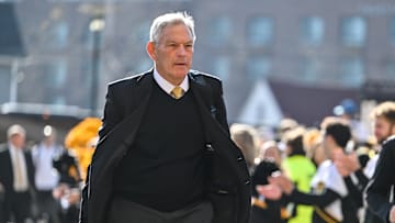 Nov 22, 2025; Iowa City, Iowa, USA; Iowa Hawkeyes head coach Kirk Ferentz enters Kinnick Stadium before the game against the Michigan State Spartans. Mandatory Credit: Jeffrey Becker-Imagn Images