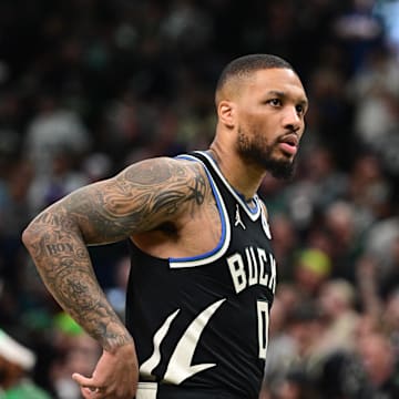 Apr 27, 2025; Milwaukee, Wisconsin, USA; Milwaukee Bucks guard Damian Lillard (0) looks on in the first quarter during game four against the Indiana Pacers of first round for the 2024 NBA Playoffs at Fiserv Forum. Lillard left the game early in the in the first quarter with an injury. Mandatory Credit: Benny Sieu-Imagn Images