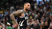 Apr 27, 2025; Milwaukee, Wisconsin, USA; Milwaukee Bucks guard Damian Lillard (0) looks on in the first quarter during game four against the Indiana Pacers of first round for the 2024 NBA Playoffs at Fiserv Forum. Lillard left the game early in the in the first quarter with an injury. Mandatory Credit: Benny Sieu-Imagn Images