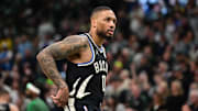 Milwaukee Bucks guard Damian Lillard on Apr 27, 2025.