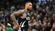 Milwaukee Bucks guard Damian Lillard looks on against the Indiana Pacers during the 2025 NBA Playoffs.