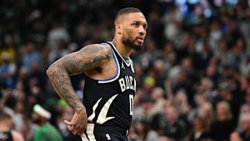 Milwaukee Bucks guard Damian Lillard looks on against the Indiana Pacers during the 2025 NBA Playoffs.