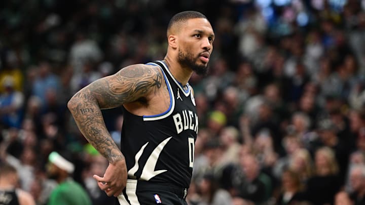 Milwaukee Bucks guard Damian Lillard looks on against the Indiana Pacers during the 2025 NBA Playoffs.