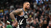 Milwaukee Bucks guard Damian Lillard on Apr 27, 2025.