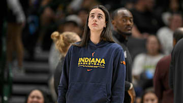 Aug 1, 2025; Dallas, Texas, USA; Indiana Fever guard Caitlin Clark (22) during the game between the Dallas Wings and the Indiana Fever at the American Airlines Center. Mandatory Credit: Jerome Miron-Imagn Images