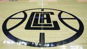 Jan 3, 2022; Los Angeles, California, USA; A detailed view of the LA Clippers logo at midcourt at the Crypto.com Arena. Mandatory Credit: Kirby Lee-USA TODAY Sports