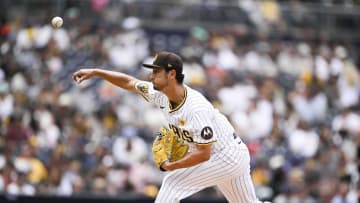 May 29, 2024; San Diego, California, USA; San Diego Padres pitcher Yu Darvish (11) pitches during the second inning against the Miami Marlins at Petco Park. Mandatory Credit: Denis Poroy-USA TODAY Sports