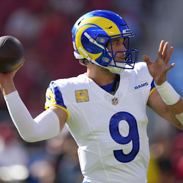 Nov 9, 2025; Santa Clara, California, USA; Los Angeles Rams quarterback Matthew Stafford (9) warms up prior to the game against the San Francisco 49ers at Levi's Stadium. Mandatory Credit: Kyle Terada-Imagn Images