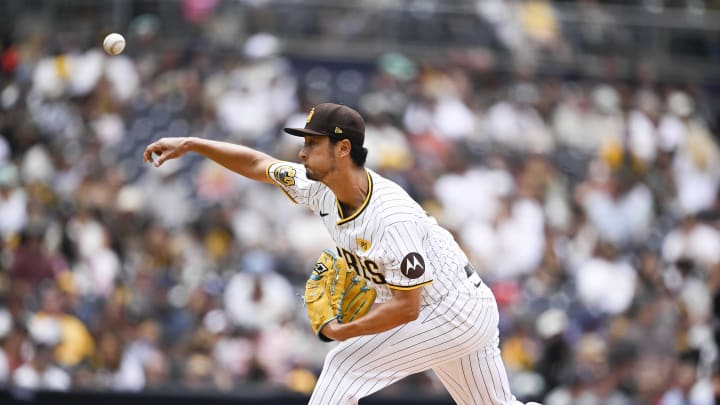 May 29, 2024; San Diego, California, USA; San Diego Padres pitcher Yu Darvish (11) pitches during the second inning against the Miami Marlins at Petco Park. Mandatory Credit: Denis Poroy-USA TODAY Sports