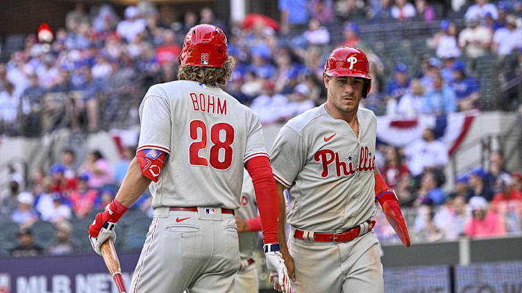 Apr 1, 2023; Arlington, Texas, USA; Philadelphia Phillies third baseman Alec Bohm (28) and catcher