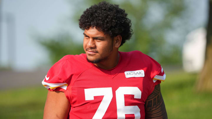 Jul 22, 2024; St. Joseph, MO, USA; Kansas City Chiefs offensive tackle Kingsley Suamataia (76) walks down the hill from the locker room to the fields prior to training camp at Missouri Western State University. Mandatory Credit: Denny Medley-USA TODAY Sports