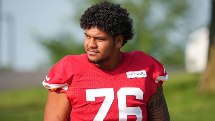 Jul 22, 2024; St. Joseph, MO, USA; Kansas City Chiefs offensive tackle Kingsley Suamataia (76) walks down the hill from the locker room to the fields prior to training camp at Missouri Western State University. Mandatory Credit: Denny Medley-Imagn Images