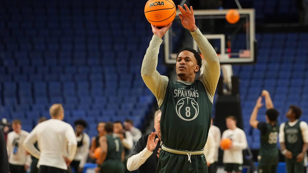 Mar 18, 2026; Buffalo, NY, USA; Michigan State Spartans forward Kaleb Glenn (8) shoots the ball during a practice session ahead of the first round of the men's 2026 NCAA Tournament at Keybank Center. Mandatory Credit: Gregory Fisher-Imagn Images Mar 18, 2026; Buffalo, NY, USA; Michigan State Spartans forward Kaleb Glenn (8) shoots the ball during a practice session ahead of the first round of the men's 2026 NCAA Tournament at Keybank Center. Mandatory Credit: Gregory Fisher-Imagn Images