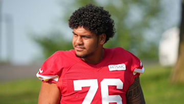 Jul 22, 2024; St. Joseph, MO, USA; Kansas City Chiefs offensive tackle Kingsley Suamataia (76) walks down the hill from the locker room to the fields prior to training camp at Missouri Western State University. Mandatory Credit: Denny Medley-Imagn Images