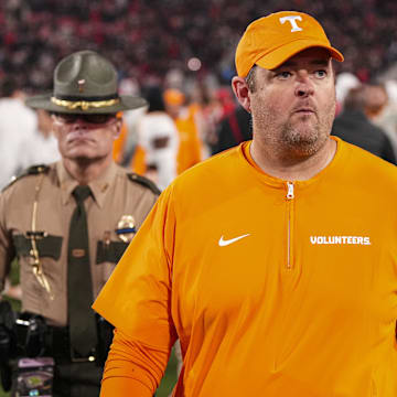 Nov 16, 2024; Athens, Georgia, USA; Tennessee Volunteers head coach Josh Heupel shown walking off the field after the game against the Georgia Bulldogs at Sanford Stadium. Mandatory Credit: Dale Zanine-Imagn Images
